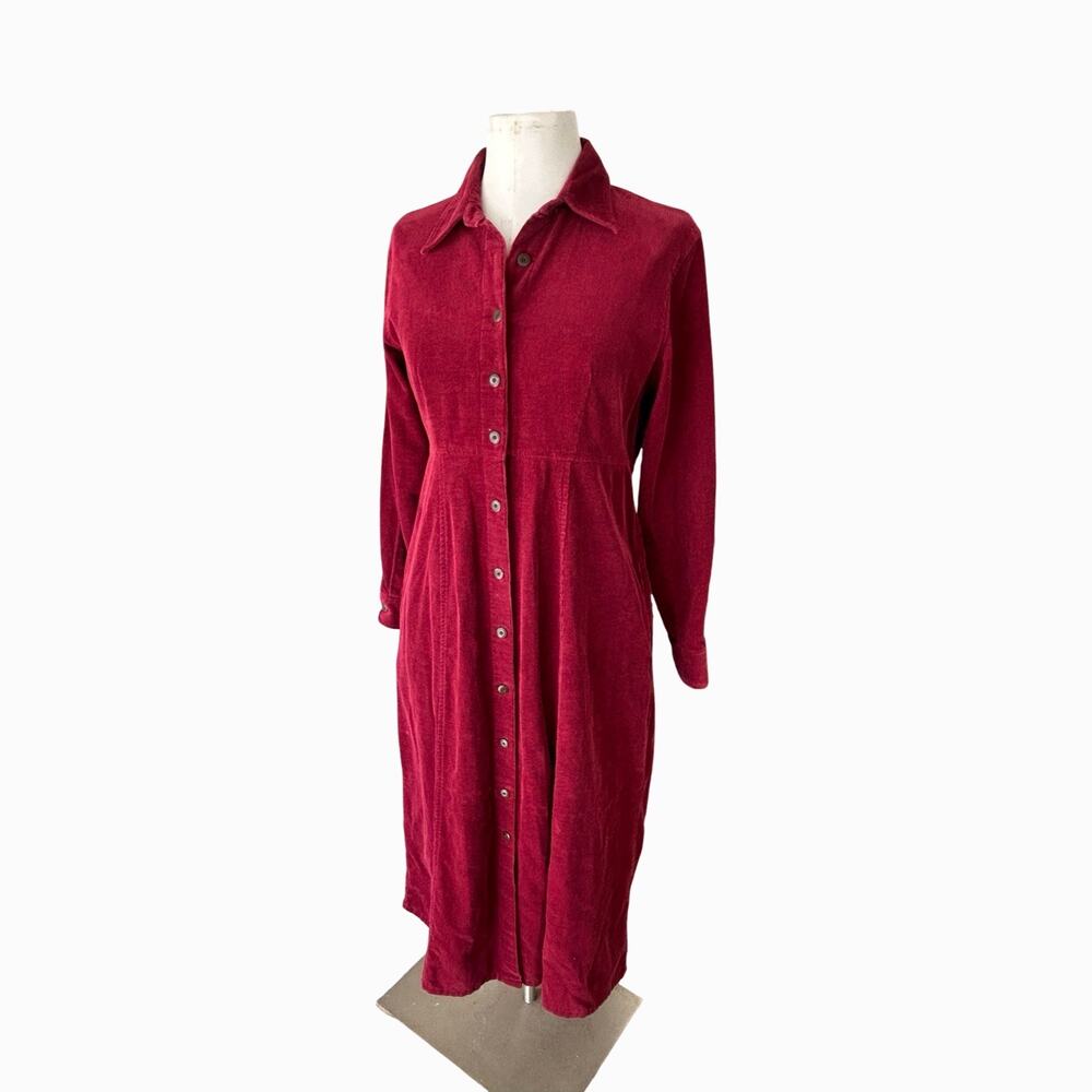 Vintage 90s Eddie Bauer Corduroy Maxi Shirt Dress Women’s 8 Petite Red Cottage